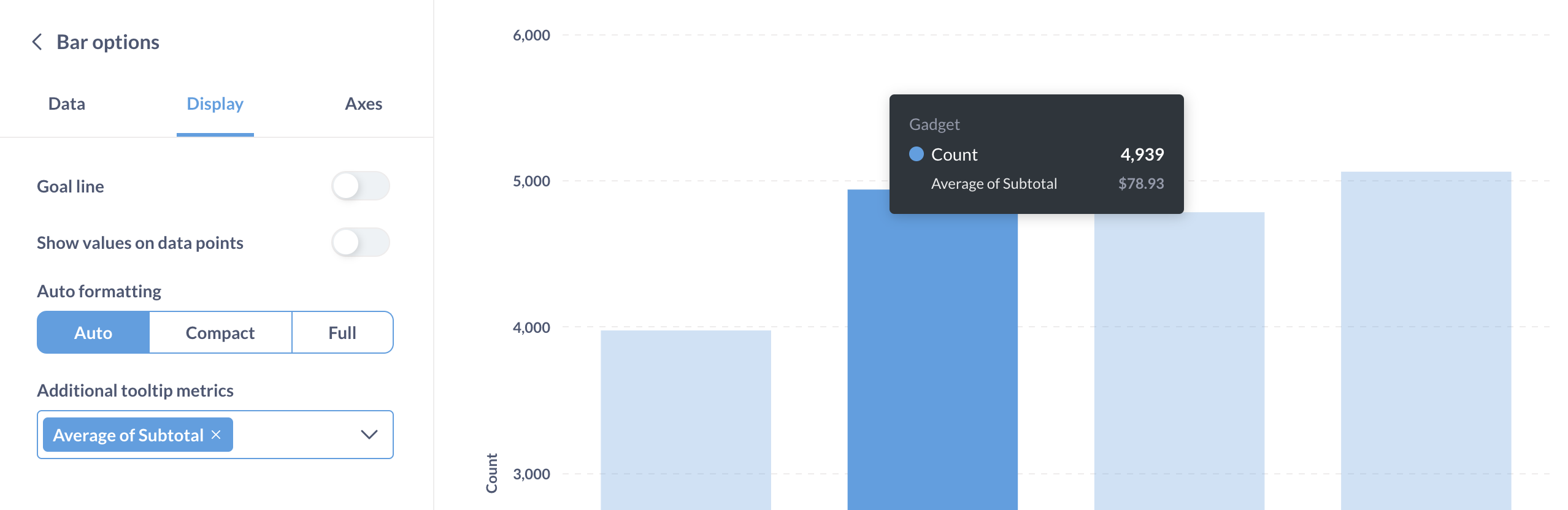 Add additional tooltip metrics from the display tab. Only available when your chart has multiple metrics