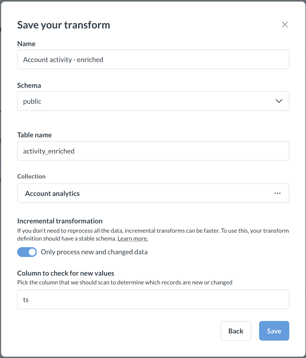 Transform settings